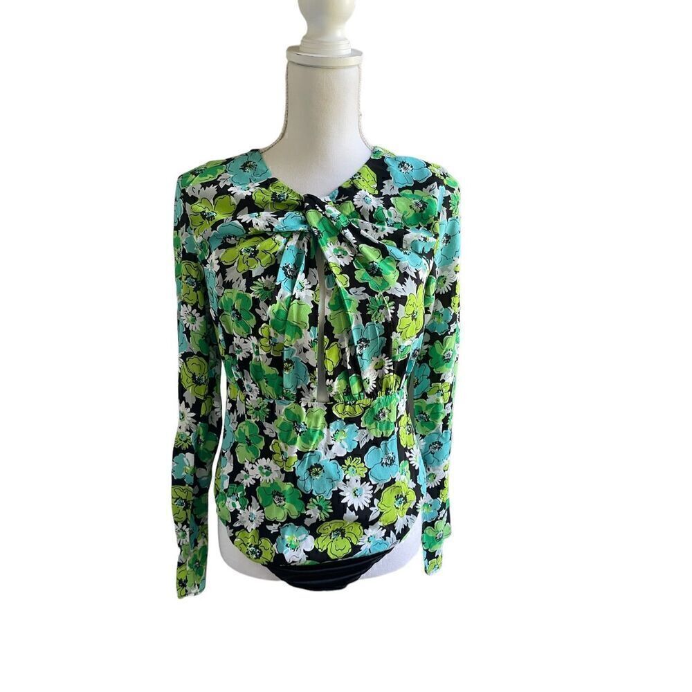 NWOT. Zara Draped Floral Blue Green Long Sleeve Cut Out Bodysuit M